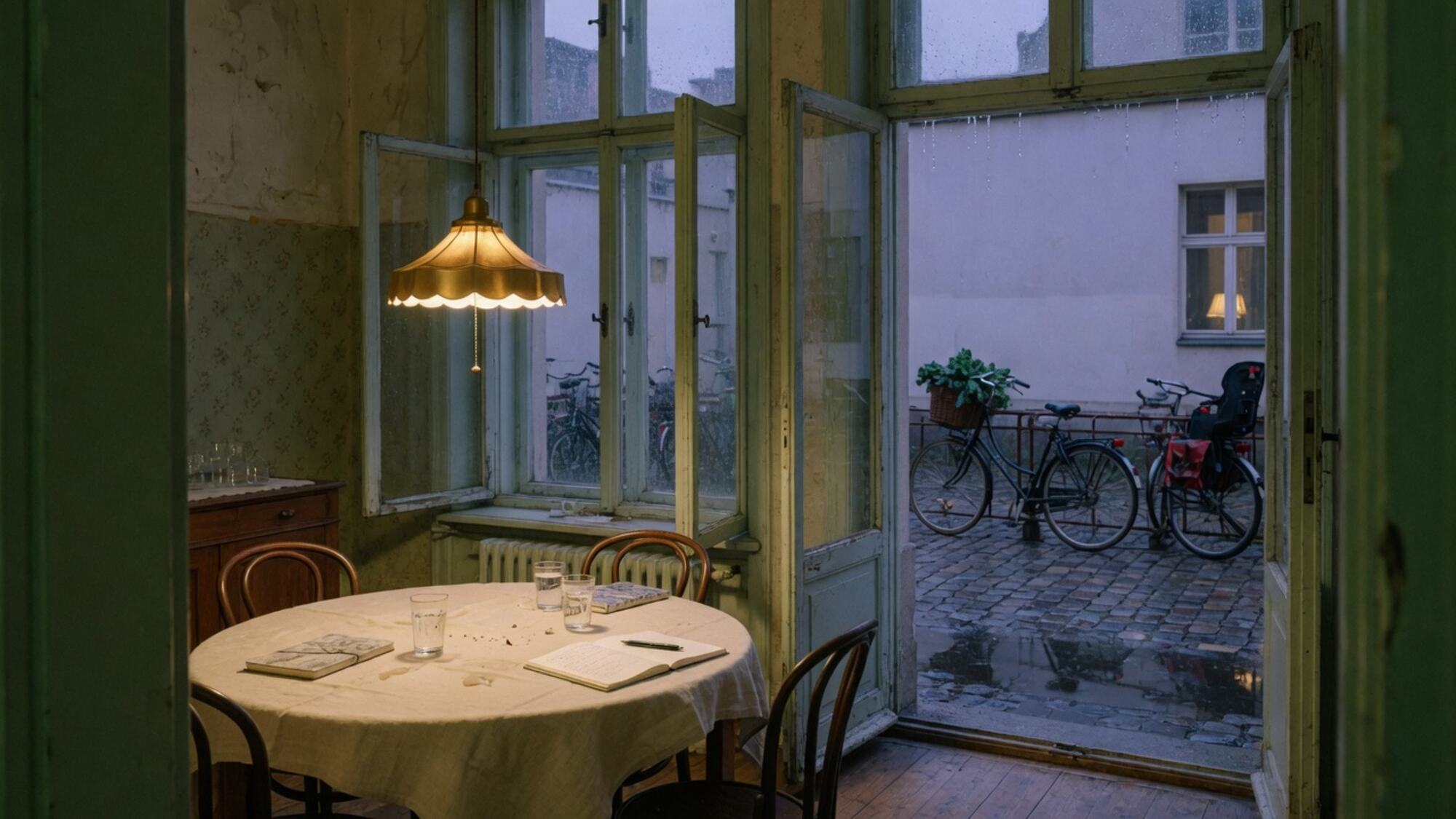 A Berlin courtyard salon with a round table, open windows, and bicycles in the rain.