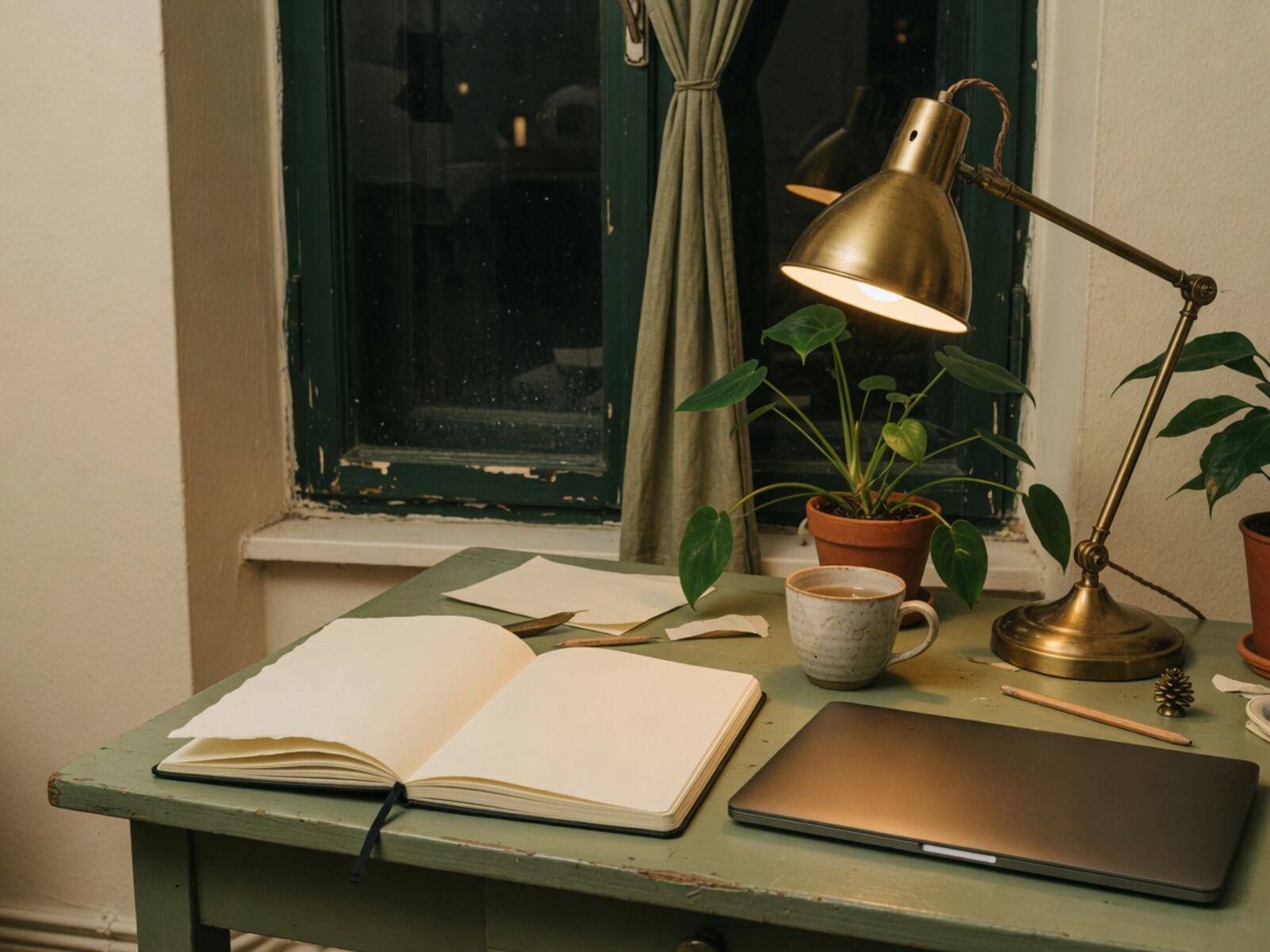 An independent founder’s desk in Berlin at night: notebook, lamp, and a closed laptop.