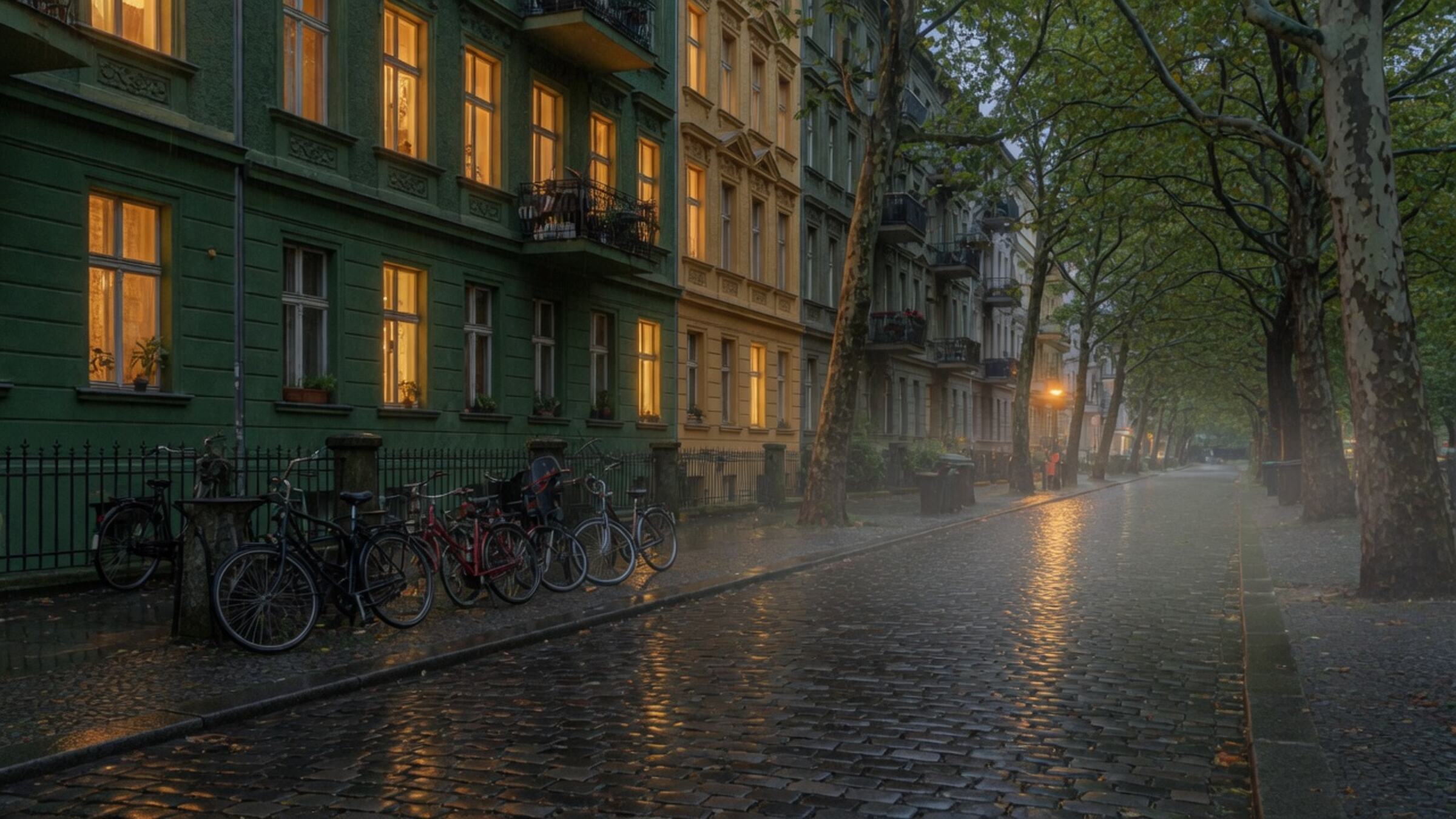 A rain-wet Prenzlauer Berg street at dusk, Altbau windows lit gold, bicycles along the fence.