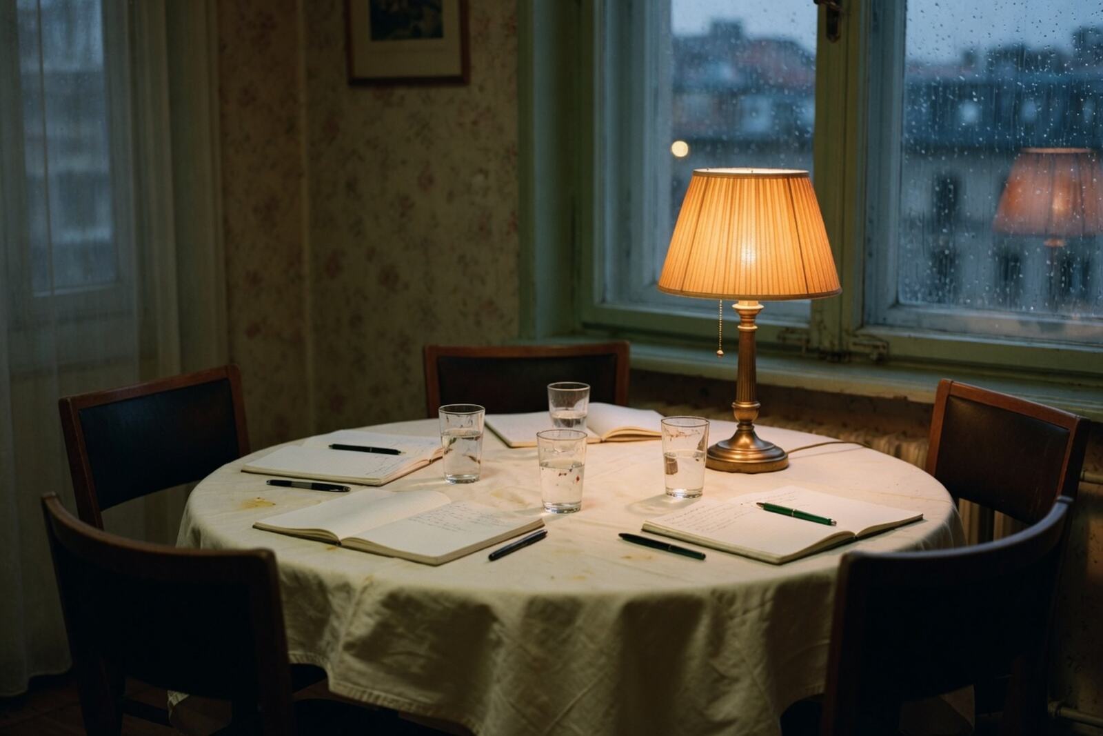 A round table of notebooks and empty chairs by a rain-wet Berlin window.